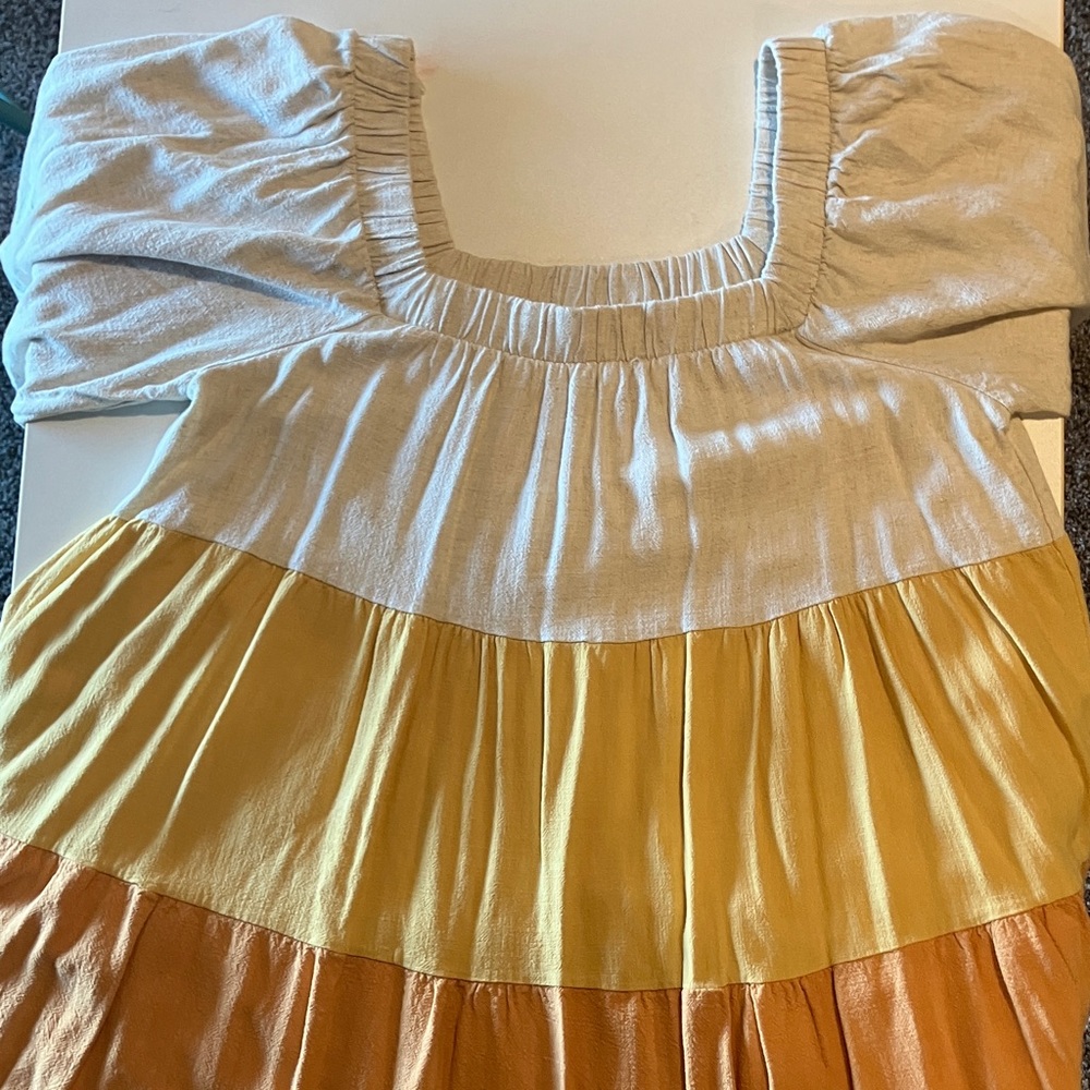 Colorblock cotton Tiered Maxi short Dress in Cream, Mustard & Orange